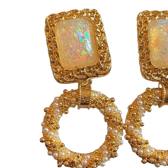 Textured Gold and Pearl Drop Earrings - Picture 5 of 6